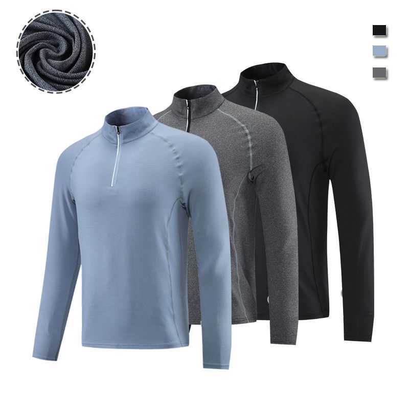 Quick-Drying pro Muscle Cross-Border Long-Sleeved T-Shirt Men's Vertical Collar Solid Color Reflective Strip Sports Fitness Basketball Football Fitness Clothes