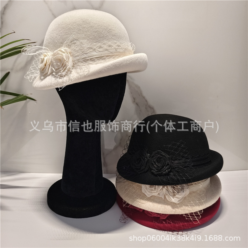 奢华品质真丝麻花朵网纱羊毛盆帽赫本风卷边羊毛礼帽千金风蓓蕾帽|undefined