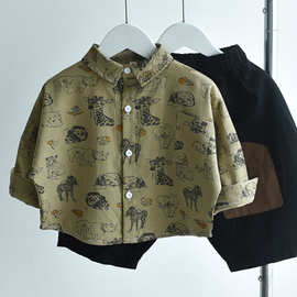 新款卡通印花童衬衫男宝宝韩版帅气春夏潮流男童棉衬衫百搭棉衬衫