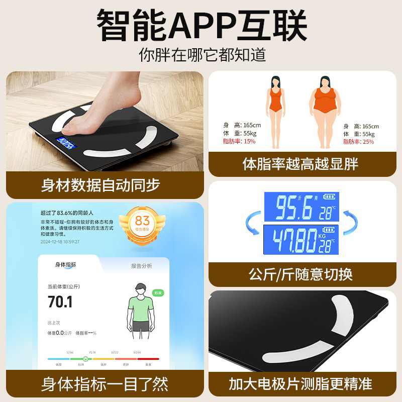 体重秤家用精准智能体脂秤充电款电子秤智能蓝牙人体称重计测脂肪|undefined