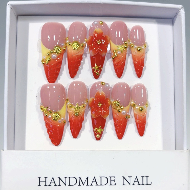 Cross-Border Hot-Selling Long Almond Shell Texture Flame Red Three-Dimensional Carved Handmade Wearable Nails Fake Nails Wholesale