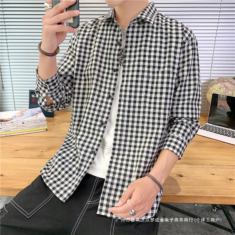 亚马逊小方格休闲长袖衬衫男秋季新款2024尖领开衫衬衣跨境外贸