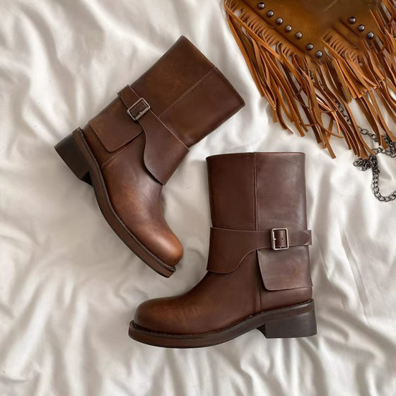 Cowhide version ~ color retro Chelsea boots women's autumn and winter 2024 new thick heel small short boots sleeve knight boots
