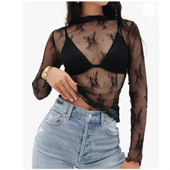 Cross-Border Popular Amazon European and American Women's Mesh Tops Mesh Transparent Lace Layered Medium Round Neck See-Through Shirt