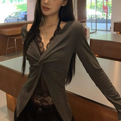 长袖打底衫女2025新款初秋韩系穿搭蕾丝T恤假两件辣妹上衣