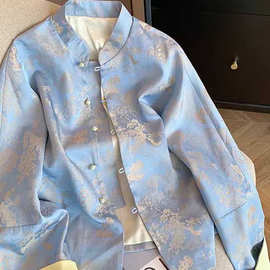 早秋高级感新中式外套醋酸缎面刺绣国风上衣高端年轻唐装大码女装