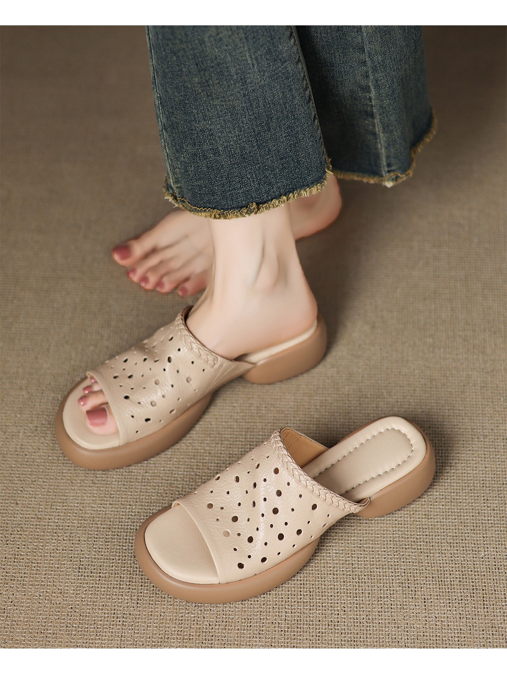 Dép sandal nữ quai chữ V đế dày da cừu mềm đi biển — đen chi tiết 15