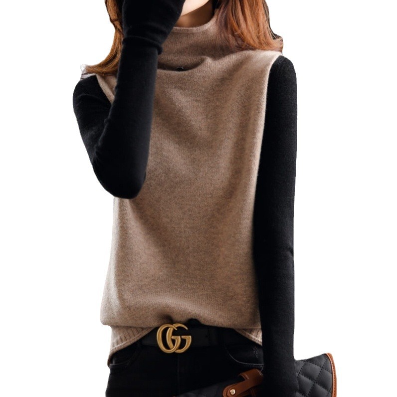 Cashmere suéter Chaleco de las mujeres otoño e invierno nuevo cuello alto botón sin mangas Top Loose adelgazamiento lana punto