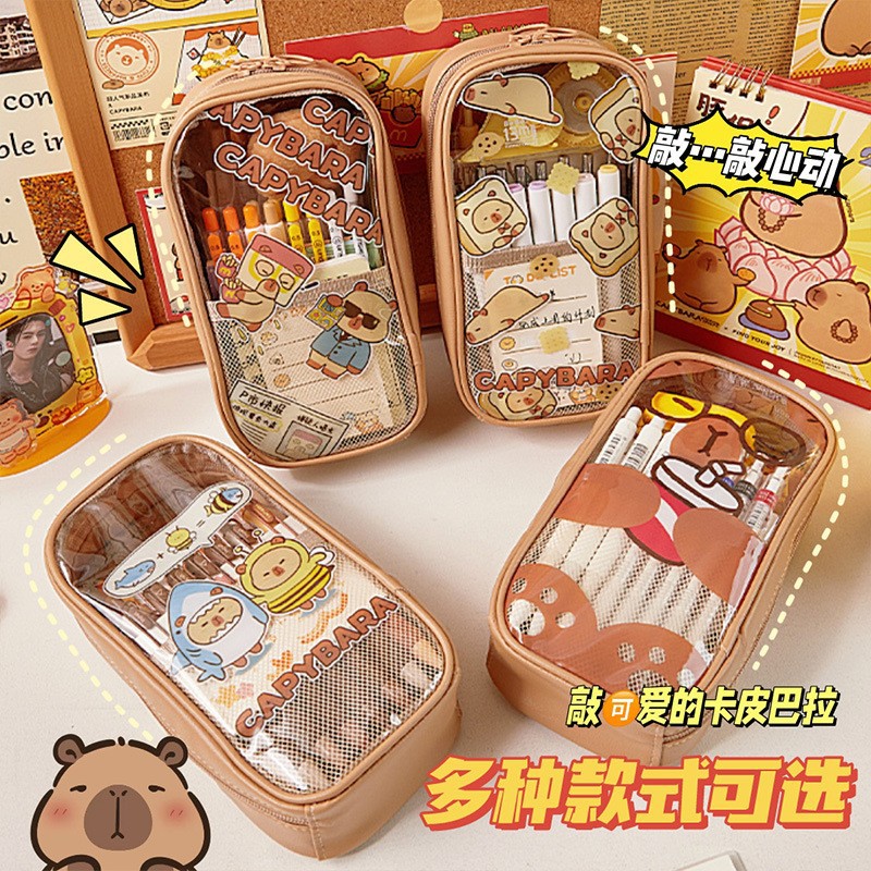 Estilo coreano lindo transparente de gran capacidad estuche de lápiz de estudiante creativo simple ins chica japonesa de múltiples capas estuche de lápiz multifuncional