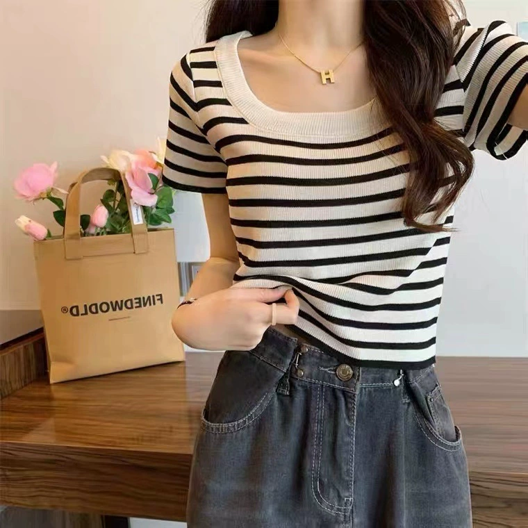 Французская рубашка в полоску женская вязаная с короткими рукавами летняя мода дизайн дикий тонкий и тонкий топ