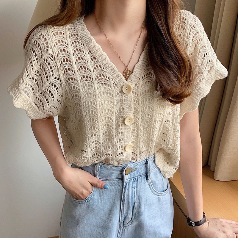 Knitted Chiffon Lace Pullover Long Sleeve Embroidered Mesh Stitching Women's Top Summer Thin Distinctive Slim