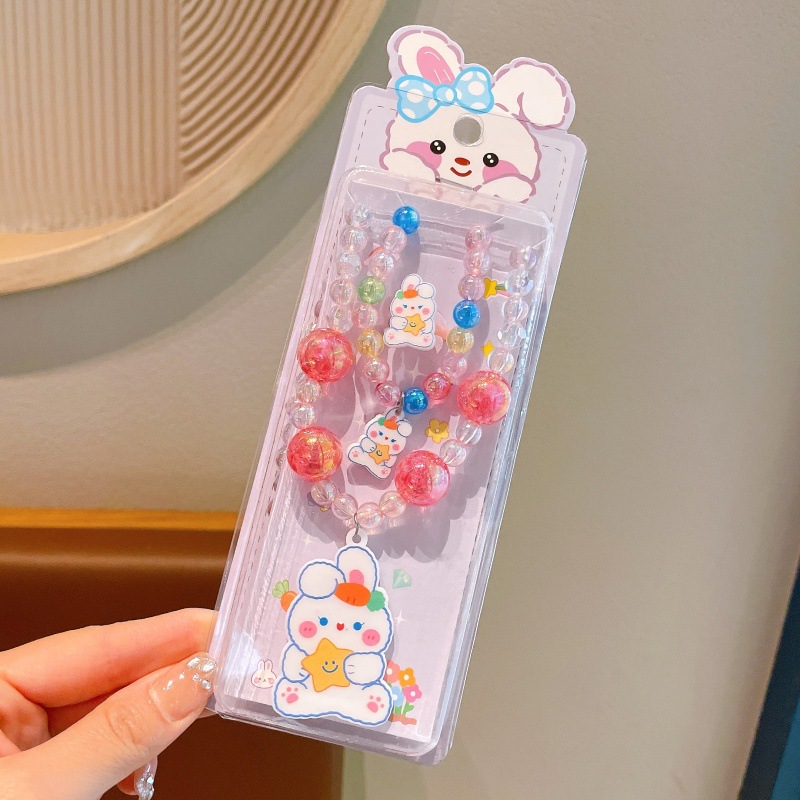 Niños exquisitos collares de dibujos animados pulseras set niñas adorables joyas de perlas princesa viento caja de regalo