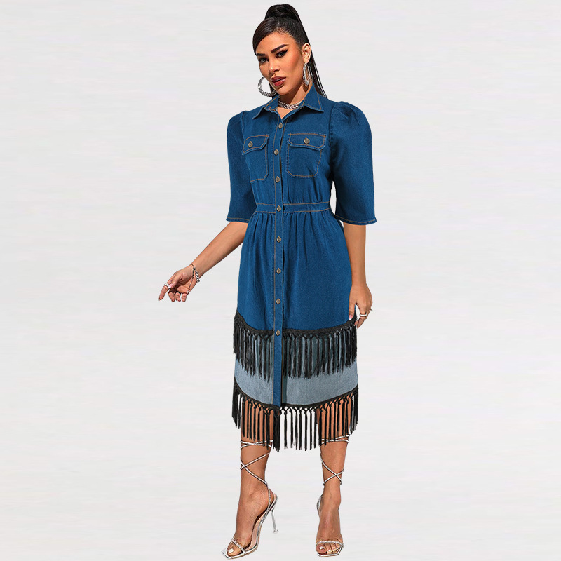 Plus size jeansklänning för kvinnor med krage och tofsar_voghion.com