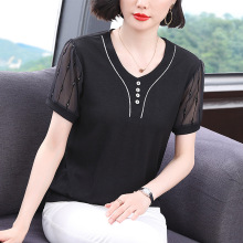 实拍2025年夏季新款大码洋气减龄雪纺小衫女中年妈妈显瘦短裙T恤