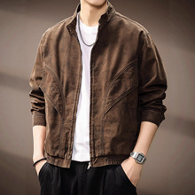 高端美式复古巴恩风机车立领夹克男2025秋季新款重磅宽松工装外套