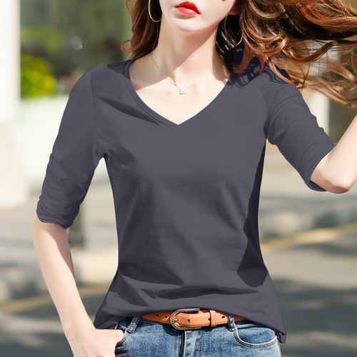 Women's Summer Black V-Neck Long-Sleeve T-Shirt 2025 High-End Fitted Outerwear Short-Sleeve Base Top