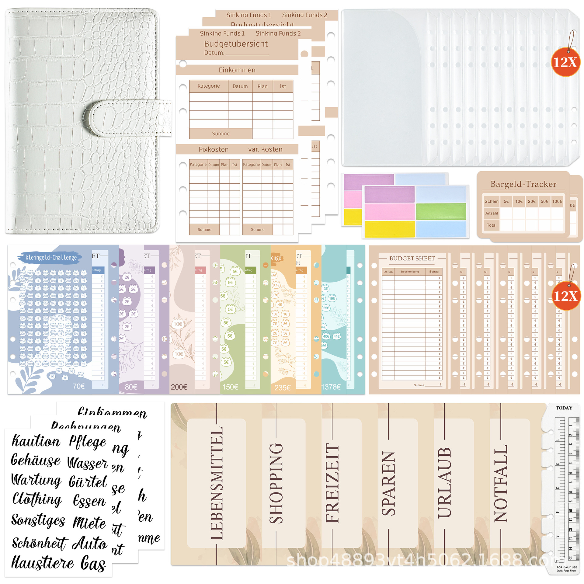 Patrón de cocodrilo-Blanco: bolsillo abierto 12 + guardar tarjeta 1 juego + Regla 1 + 6 etiquetas 2 + etiqueta alemana 3