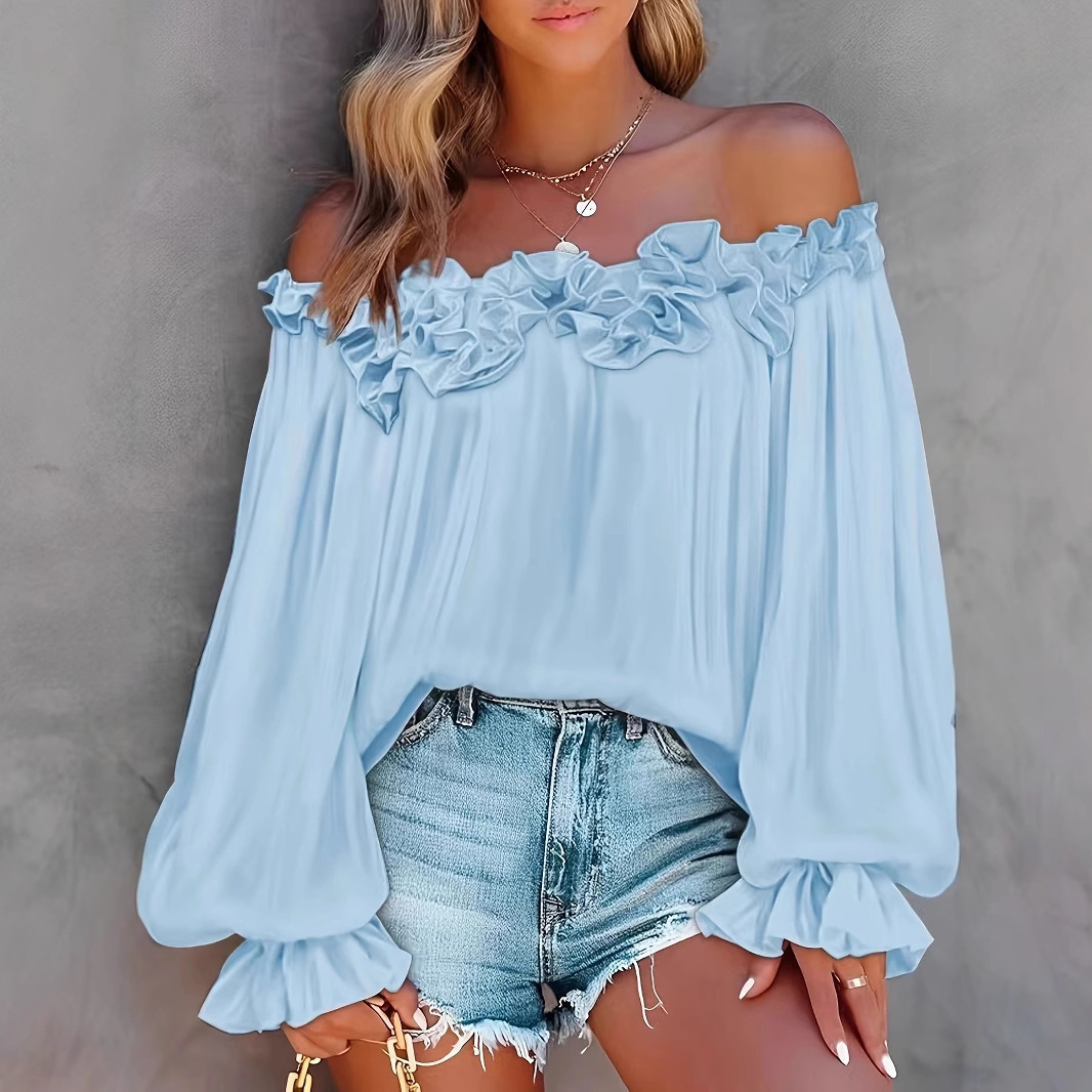 Elegant Off-Shoulder Long Sleeve Blouse With Flowy Bell Sleeves - Relaxed Fit Women's Tunic Top_ecoleips.com