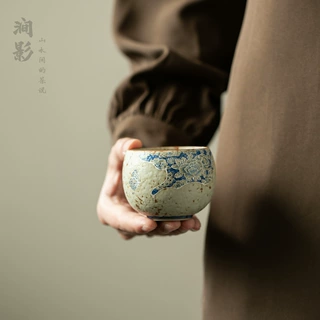 粗陶大号主人杯创意青花牡丹喝茶杯圆融杯高档个人专用单杯品茗杯