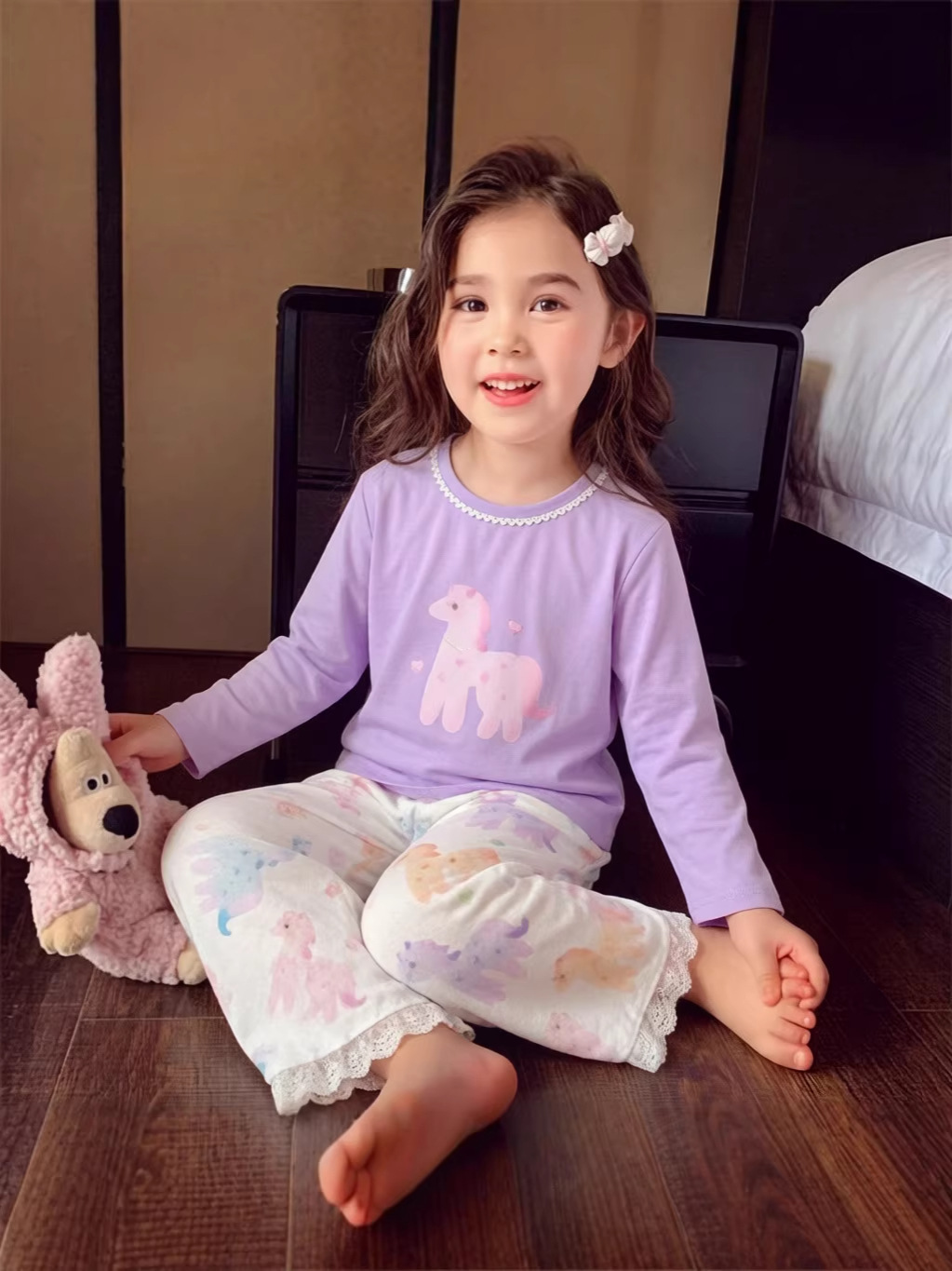 Nuevo conjunto de casa de primavera y verano niñas conjunto de ropa de casa Cardigan de encaje pijama infantil conjunto de pijamas de algodón