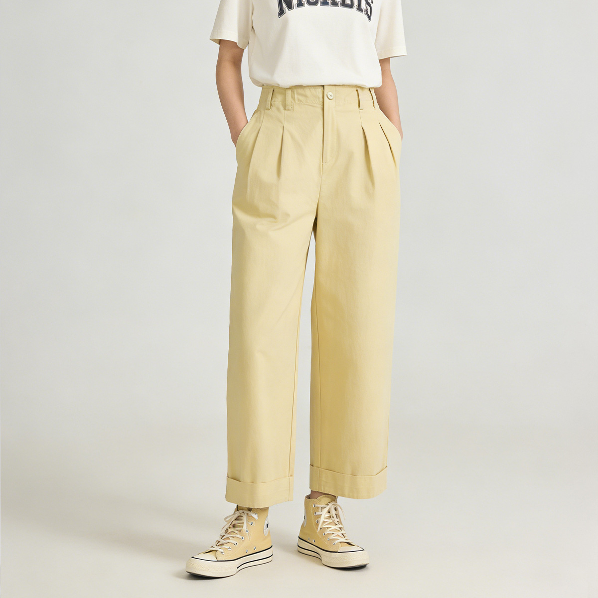 Quần culottes nữ ống rộng cạp cao chất liệu cotton wash — màu vàng chi tiết 2