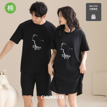 纯棉情侣睡衣夏款男款女短袖睡裙带胸垫新款青年可外穿家居服套装