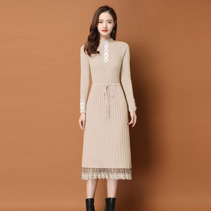 针织连衣裙女2025秋冬新款配大衣的中长款加绒加厚过膝毛衣打底裙