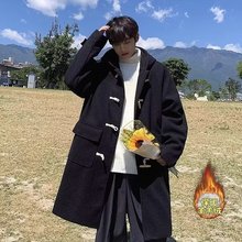 牛角扣羊羔绒毛呢大衣男加肥宽松潮牌冬季情侣情侣中长款风衣外套