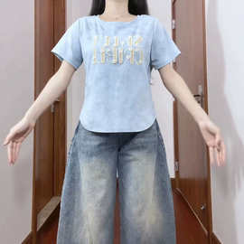 韩系字母刺绣纯棉短袖t恤女夏2026新款大码胖mm洋气减龄休闲上衣