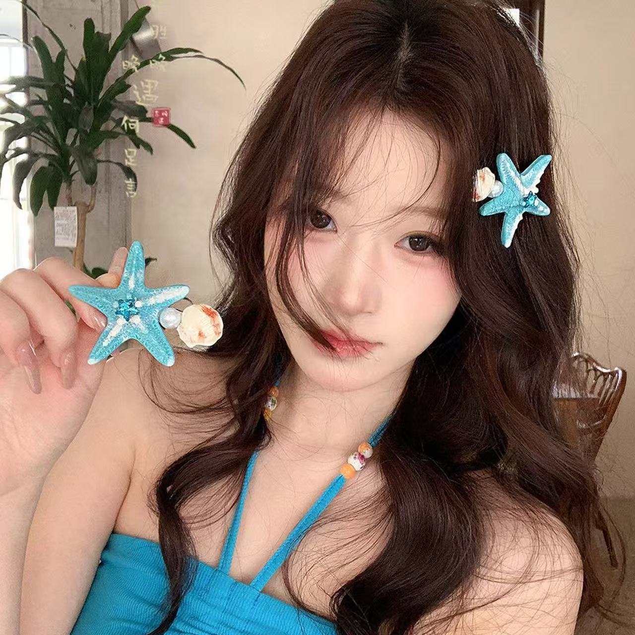 5779 다이아몬드가 박힌 화려한 불가사리 머리핀-녹색 불가사리