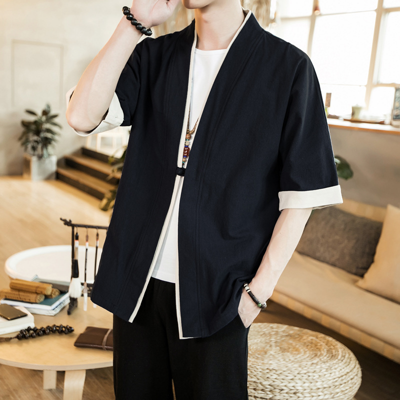 Verano Hanfu, cortavientos cortos de manga de cinco puntos para hombre, estilo étnico, servicio de té, cárdigan de capa china de manga media image 11