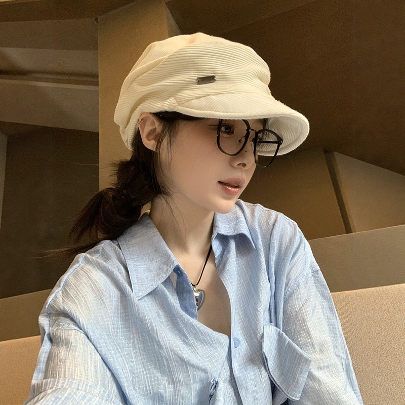 日系复古灯芯绒贝雷帽女秋冬新款百搭显脸小马术帽大头围堆堆帽女|undefined