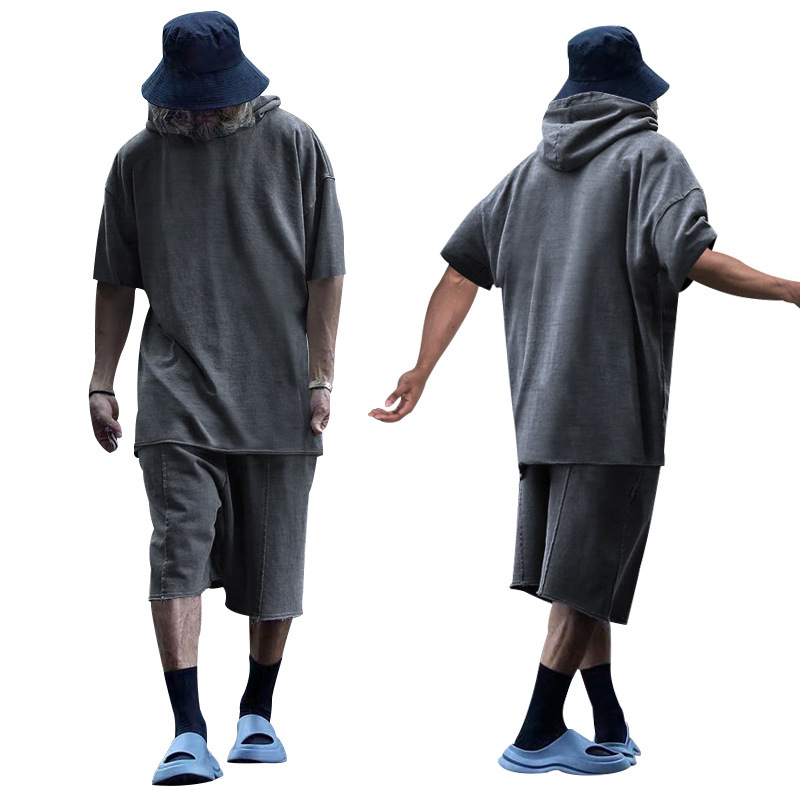 2024 Men's Short Sleeve Shorts Oversize Fur Loose Sports Casual Hooded Set_mkmklike.com