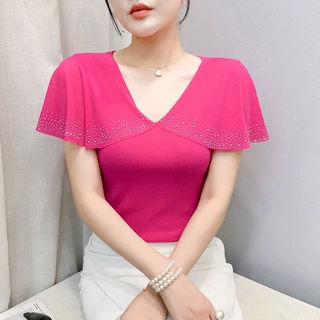 实拍夏季上新设计感别致v领斗篷款网纱烫钻T恤短袖女上衣修身显瘦