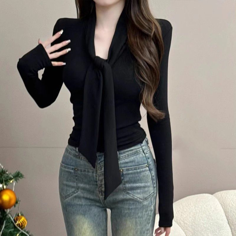 [Derong] Lace-Up V Neck Long-Sleeved T-Shirt for Women, French Style Slim-Fit Design Top, Black and Gray