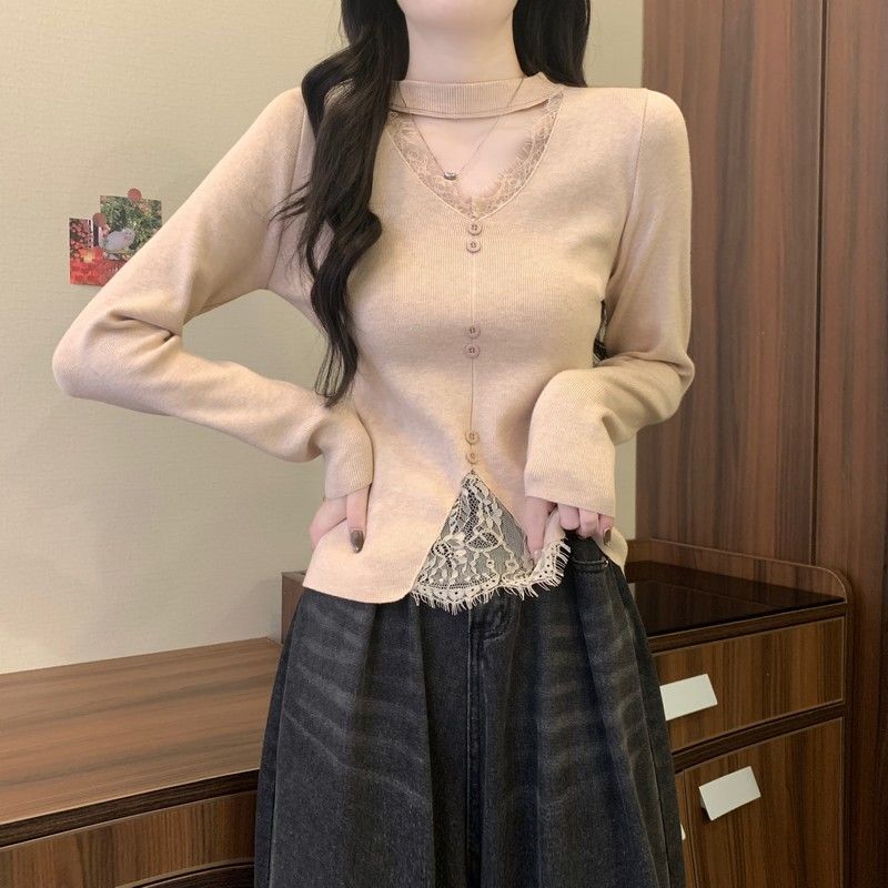 2025新款V领挂脖打底衫女秋冬内搭毛衣小个子亮色千金御姐上衣|undefined