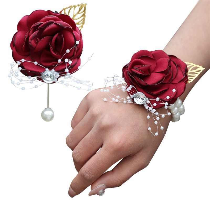 European and American popular gold leaf beaded wrist corsage, pearl and rhinestone boutonniere, bridal and groom pins, party supplies XH769