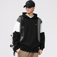 大码男装春季新品330G重磅连帽卫衣男宽松加大码潮流撞色上衣