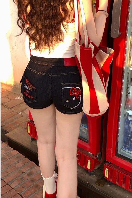 American Style Hot Girl Straight Denim Shorts Women's Summer New Cartoon Kt Cat Cute All-match Hip Hot Pants Ins