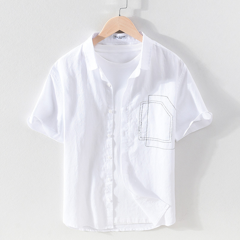Camicia a maniche corte in lino solido da uomo in estate, camicia in lino con risvolto sottile e traspirante, fresca e casual, materiale in cotone e lino_voghion.com