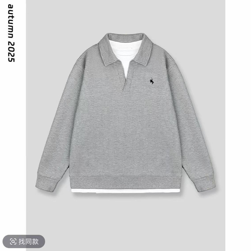 秋季高品质拼接假两件图案刺绣翻领卫衣设计感潮流百搭翻领卫衣|undefined