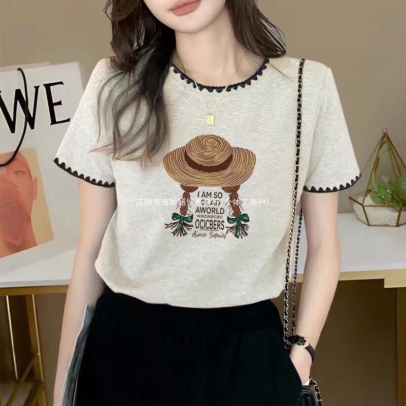 Women's Pure Cotton Short-Sleeve T-Shirt with Regular Shoulders, New Summer Style with Contrasting Color Lace Design, Round Neck, Sleeveless, Brushed Fabric Women's Pure Cotton Short-Sleeve T-Shirt with Regular Shoulders, New Summer Style with Contrasting Color Lace Design, Round Neck, Sleeveless, Brushed Fabric