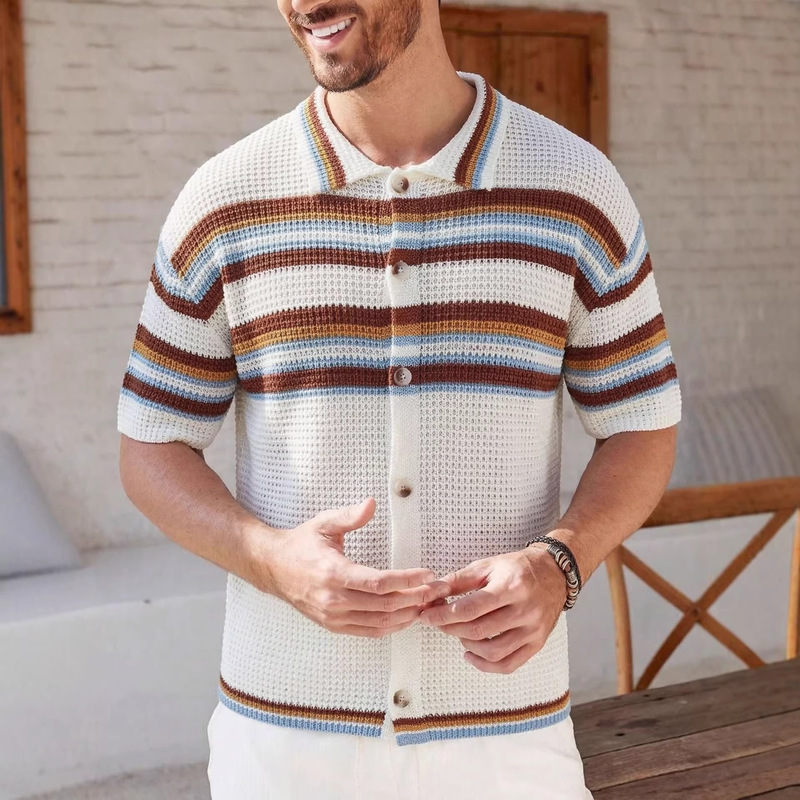 Men's Retro Striped Hollow-Out Knit Polo Shirt, Summer Short-Sleeve Cardigan, Cross-Border E-Commerce Supply for Summer