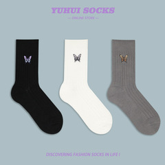 秋冬情侶蝴蝶刺繡粗針襪子潮流堆堆襪質感cityboy粗線中筒襪男女