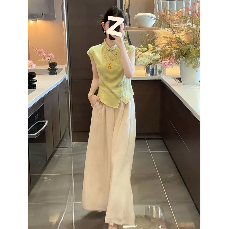 新しい中国風の女性用スーツ 2025 夏ライト高級気質スタンドカラーボタン付きトップハイウエストワイドレッグパンツ 2 点セット|undefined