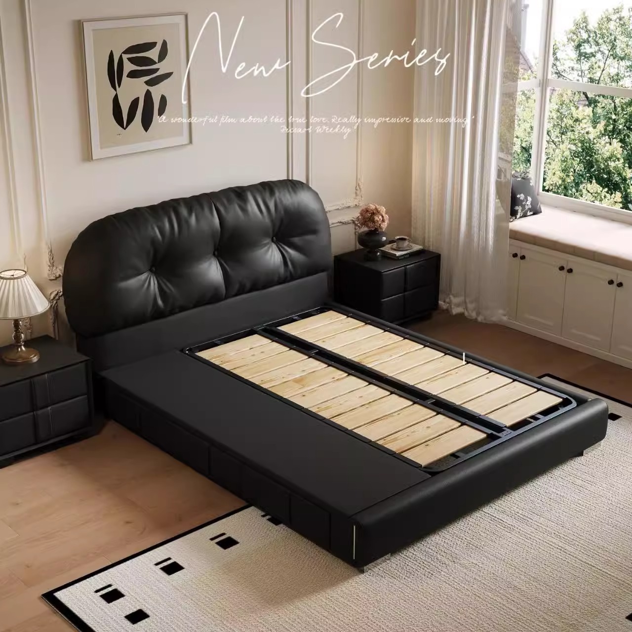 Cama de cuero de vaca medieval Cama de cuero real Cama de cuero francesa Retro Cama de tostada italiana Dormitorio principal Cama doble negra image 5