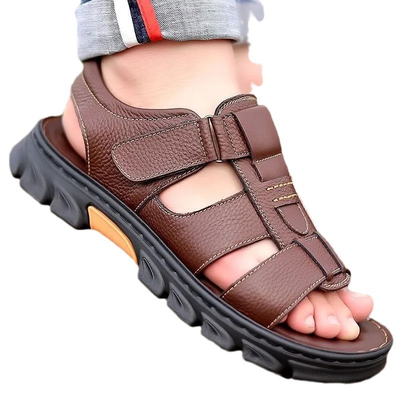 여름 새로운 남성 가죽 두꺼운 단독 경량 샌들 비치 신발 도매 캐주얼 패션 소프트 단독 하프 슬리퍼