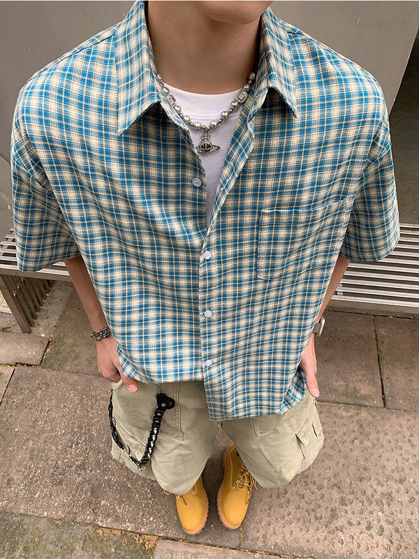 アメリカンレトロ半袖チェック柄シャツメンズ夏クリーンサンボーイズウェアルーズ半袖シャツトップ|undefined