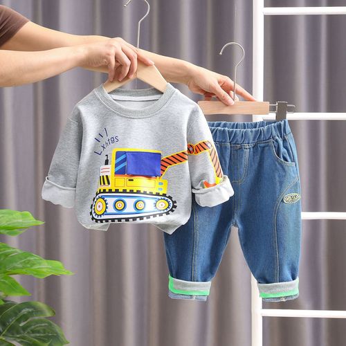 Autumn Children's Set  Fashion Blue Denim Excavator Cute Print Long-Sleeve Long Pants Set Wholesale