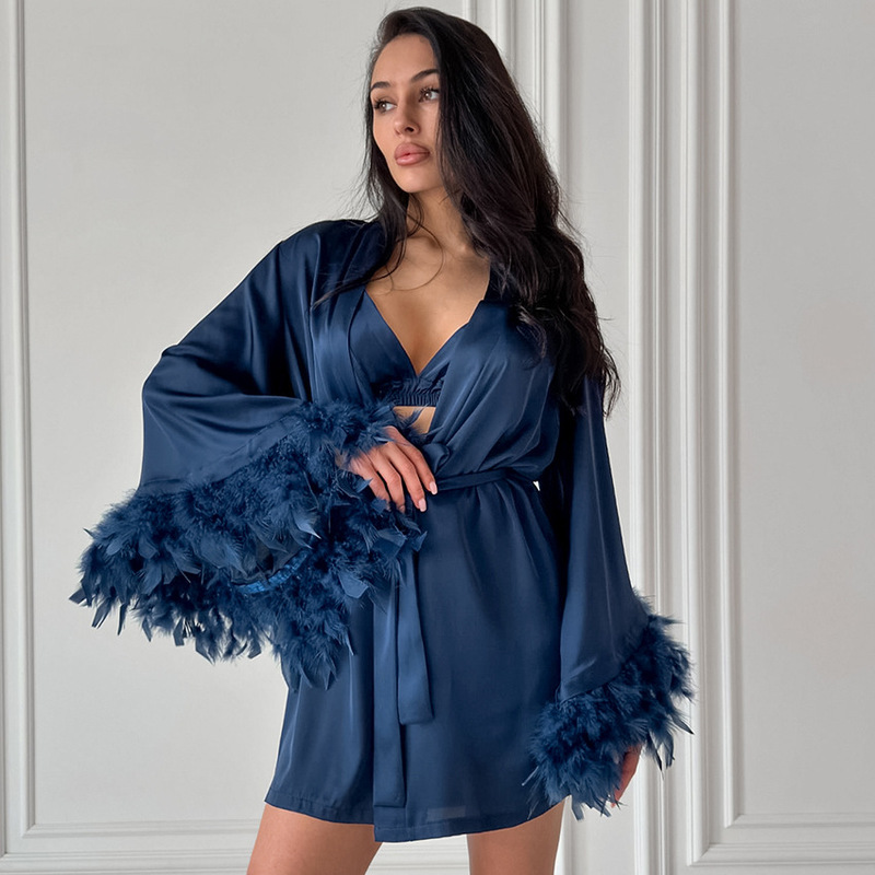 2026 Spring/Summer New Feather Comfortable Robe Long Sleeve Robe Underwear Shorts Pajamas Three-Piece Set Homewear Wholesale